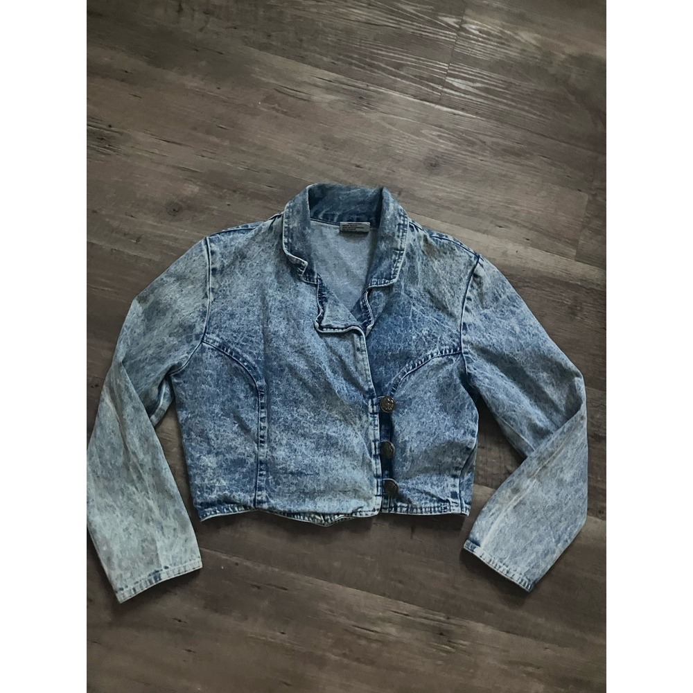 Vintage 80s Joni Blair Acid Wash Denim Jacket 7 XS Cropped Fitted Jean Blazer